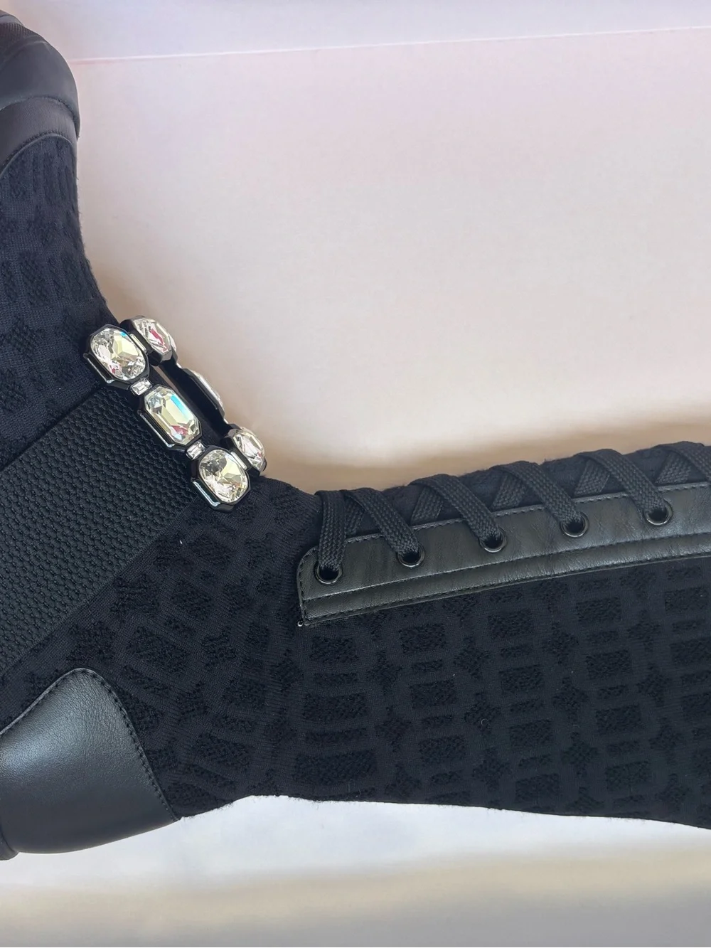 Roger Vivier Black Over-the-Knee Lace-Up Boot with Crystal Buckle